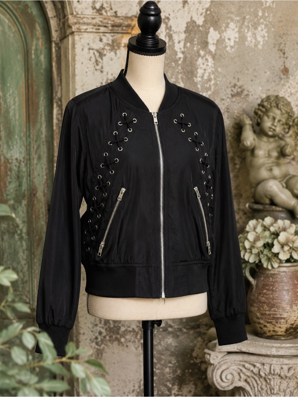 Casting LA Black Lace Up Bomber Jacket Zip Front Corset Gothic Punk Small